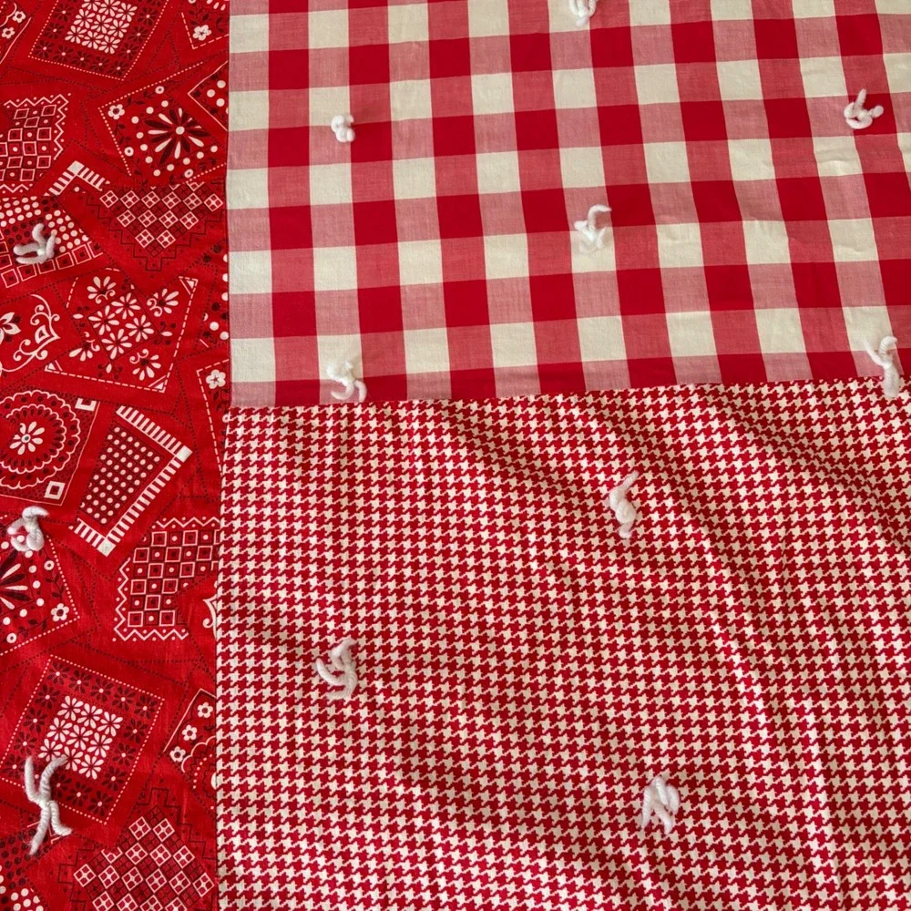 Vintage Red Patchwork Tied Quilt Comforter Strawberry Bandana Gingham 86x78 READ